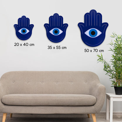 Hamsa Hand - Wall Art 3D Finition brillante noire et bleue sur support blanc