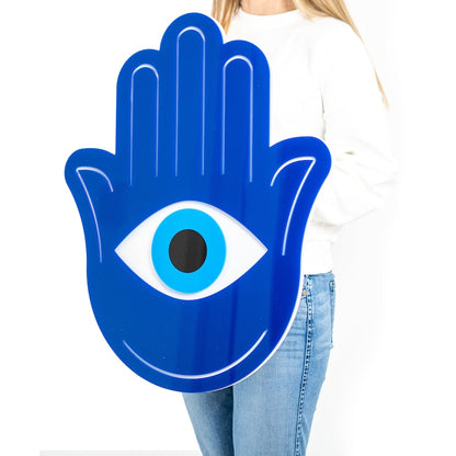 Hamsa Hand - Wall Art 3D Finition brillante noire et bleue sur support blanc