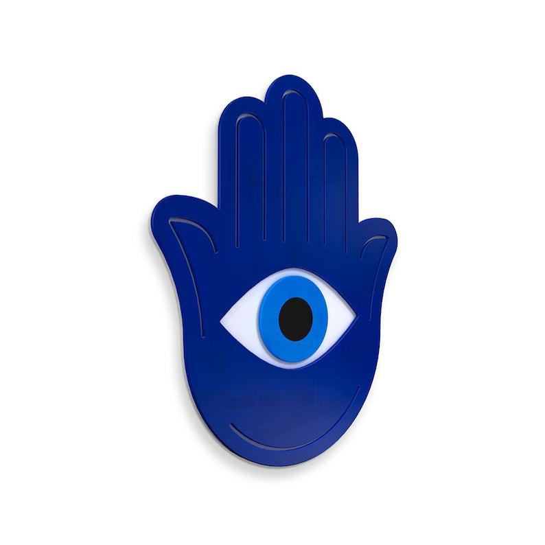 Hamsa Hand - Wall Art 3D Finition brillante noire et bleue sur support blanc