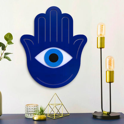 Hamsa Hand - Wall Art 3D Finition brillante noire et bleue sur support blanc