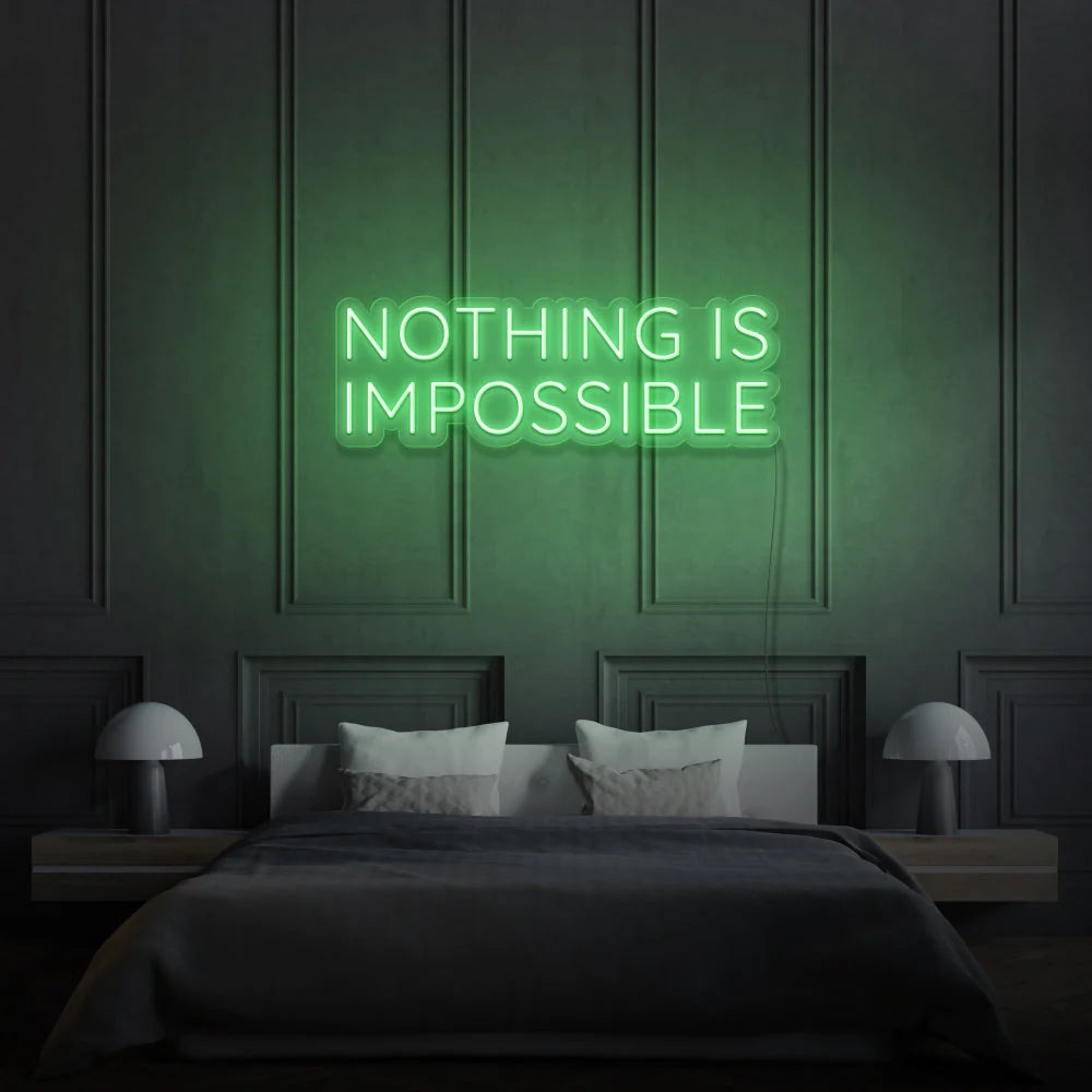 Laissez-vous inspirer par notre enseigne néon LED "Nothing Is Impossible". Personnalisée selon vos envies, cette décoration néon LED apporte une touche unique à votre espace au Maroc. Que ce soit pour un éclairage d'accentuation, une ambiance chaleureuse ou une décoration de magasin, notre enseigne néon LED répond à tous vos besoins. Ajoutez une touche d'originalité à votre jardin, magasin ou vitrine avec notre éclairage extérieur.