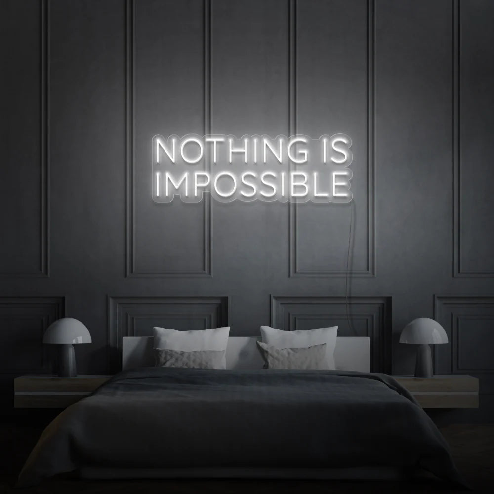 Laissez-vous inspirer par notre enseigne néon LED "Nothing Is Impossible". Personnalisée selon vos envies, cette décoration néon LED apporte une touche unique à votre espace au Maroc. Que ce soit pour un éclairage d'accentuation, une ambiance chaleureuse ou une décoration de magasin, notre enseigne néon LED répond à tous vos besoins. Ajoutez une touche d'originalité à votre jardin, magasin ou vitrine avec notre éclairage extérieur.