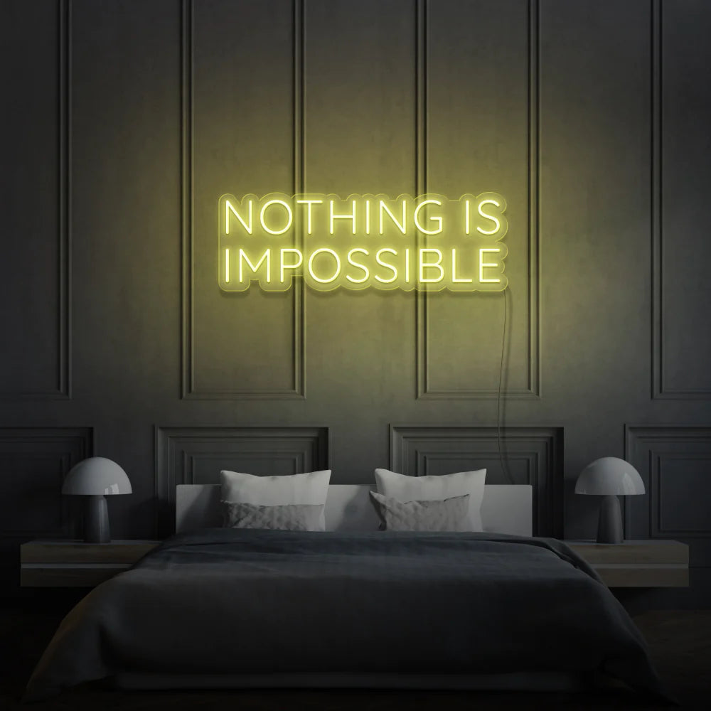 Laissez-vous inspirer par notre enseigne néon LED "Nothing Is Impossible". Personnalisée selon vos envies, cette décoration néon LED apporte une touche unique à votre espace au Maroc. Que ce soit pour un éclairage d'accentuation, une ambiance chaleureuse ou une décoration de magasin, notre enseigne néon LED répond à tous vos besoins. Ajoutez une touche d'originalité à votre jardin, magasin ou vitrine avec notre éclairage extérieur.