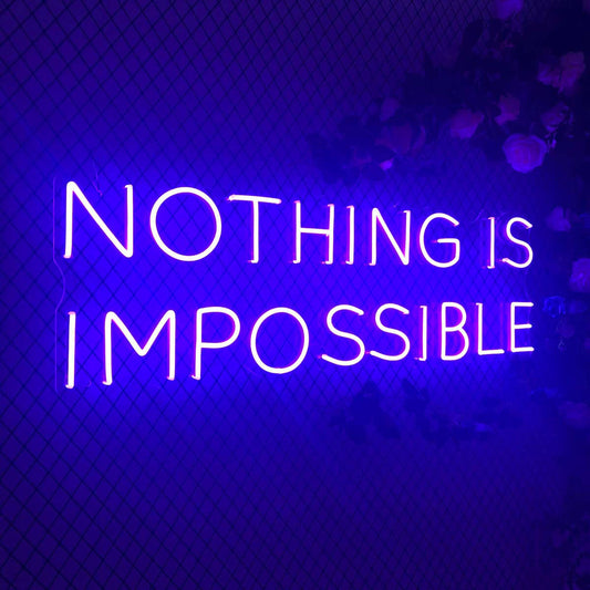 Laissez-vous inspirer par notre enseigne néon LED "Nothing Is Impossible". Personnalisée selon vos envies, cette décoration néon LED apporte une touche unique à votre espace au Maroc. Que ce soit pour un éclairage d'accentuation, une ambiance chaleureuse ou une décoration de magasin, notre enseigne néon LED répond à tous vos besoins. Ajoutez une touche d'originalité à votre jardin, magasin ou vitrine avec notre éclairage extérieur.