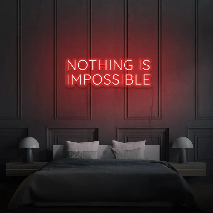 Laissez-vous inspirer par notre enseigne néon LED "Nothing Is Impossible". Personnalisée selon vos envies, cette décoration néon LED apporte une touche unique à votre espace au Maroc. Que ce soit pour un éclairage d'accentuation, une ambiance chaleureuse ou une décoration de magasin, notre enseigne néon LED répond à tous vos besoins. Ajoutez une touche d'originalité à votre jardin, magasin ou vitrine avec notre éclairage extérieur.