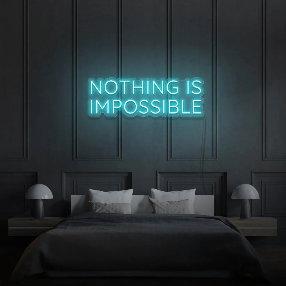 Laissez-vous inspirer par notre enseigne néon LED "Nothing Is Impossible". Personnalisée selon vos envies, cette décoration néon LED apporte une touche unique à votre espace au Maroc. Que ce soit pour un éclairage d'accentuation, une ambiance chaleureuse ou une décoration de magasin, notre enseigne néon LED répond à tous vos besoins. Ajoutez une touche d'originalité à votre jardin, magasin ou vitrine avec notre éclairage extérieur.