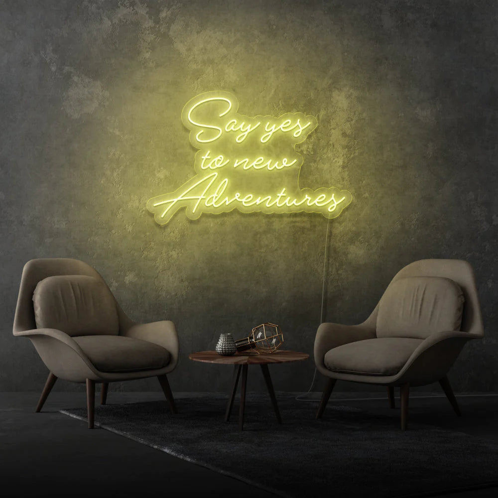 Découvrez notre dernière création chez OPLA DESIGN: l'enseigne néon LED "Say Yes To New Adventures". Personnalisée selon vos préférences, cette enseigne lumineuse apporte une touche unique à votre espace. Idéale pour la décoration néon LED au Maroc, elle est parfaite pour les enseignes de bars, boutiques, restaurants, salons de coiffure, spas et bien plus encore. Avec son éclairage LED, elle offre un éclairage d'ambiance chaleureux et une solution d'éclairage commercial LED efficace