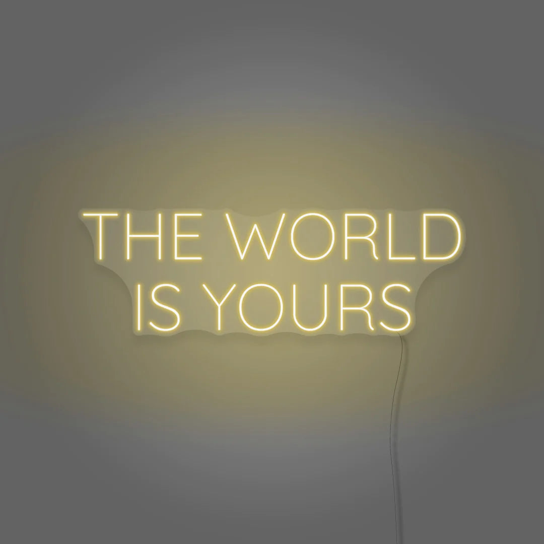 Découvrez "The World Is Yours Enseigne au néon LED" de OPLA DESIGN, Cette enseigne néon LED personnalisée offre une ambiance unique avec son éclairage lumineux intérieur/extérieur. Ajoutez une touche d'élégance à votre entreprise grâce à cette enseigne lumineuse sur mesure, abordable et de qualité professionnelle. Attirez l'attention de vos clients avec style et créez une expérience mémorable. OPLA DESIGN, spécialiste des enseignes LED au Maroc.