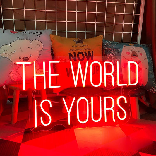 Découvrez "The World Is Yours Enseigne au néon LED" de OPLA DESIGN, Cette enseigne néon LED personnalisée offre une ambiance unique avec son éclairage lumineux intérieur/extérieur. Ajoutez une touche d'élégance à votre entreprise grâce à cette enseigne lumineuse sur mesure, abordable et de qualité professionnelle. Attirez l'attention de vos clients avec style et créez une expérience mémorable. OPLA DESIGN, spécialiste des enseignes LED au Maroc.