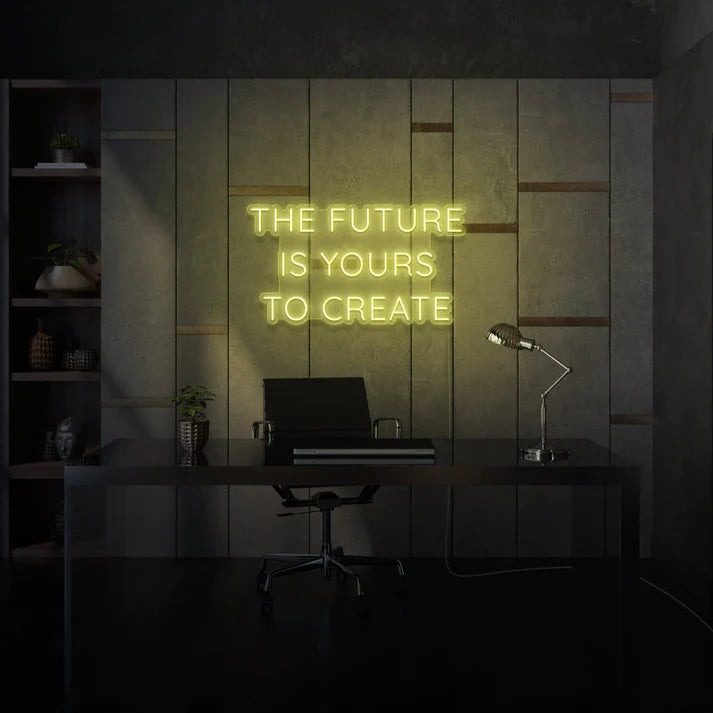 Apportez une touche personnalisée à votre espace avec une enseigne au néon sur mesure "The Future is Yours to Create" par OPLA DESIGN.  idéale pour les commerces, les restaurants, les boutiques et bien plus encore au Maroc. Cette décoration néon LED offre un éclairage architectural, commercial et d'accentuation pour créer une ambiance unique. Illuminez votre jardin, votre vitrine, vos  ou encore votre intérieur avec cet éclairage LED de qualité.