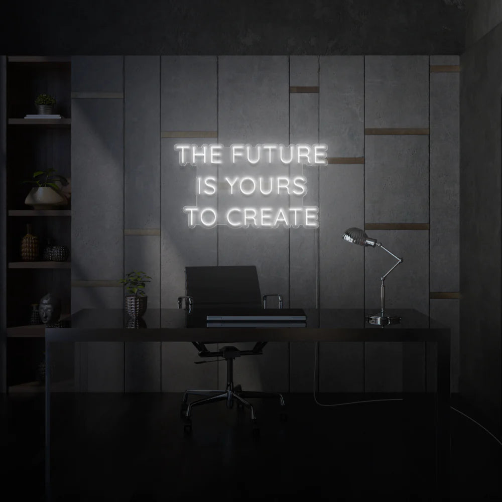 Apportez une touche personnalisée à votre espace avec une enseigne au néon sur mesure "The Future is Yours to Create" par OPLA DESIGN.  idéale pour les commerces, les restaurants, les boutiques et bien plus encore au Maroc. Cette décoration néon LED offre un éclairage architectural, commercial et d'accentuation pour créer une ambiance unique. Illuminez votre jardin, votre vitrine, vos  ou encore votre intérieur avec cet éclairage LED de qualité.