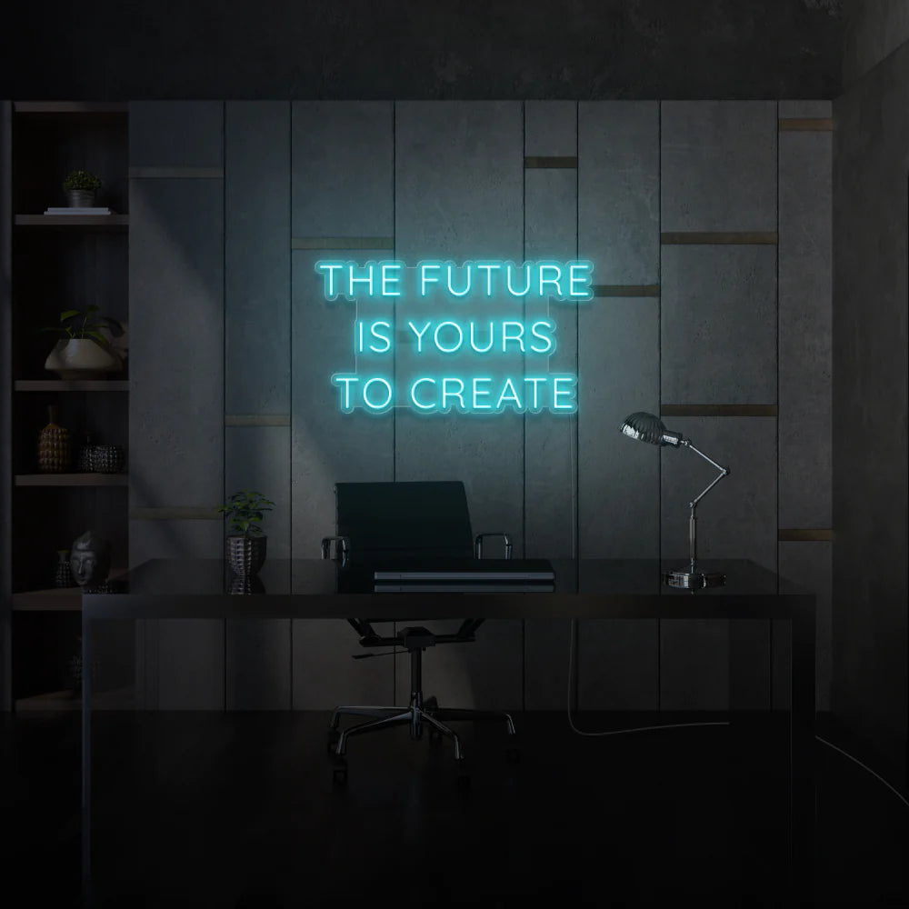 Apportez une touche personnalisée à votre espace avec une enseigne au néon sur mesure "The Future is Yours to Create" par OPLA DESIGN.  idéale pour les commerces, les restaurants, les boutiques et bien plus encore au Maroc. Cette décoration néon LED offre un éclairage architectural, commercial et d'accentuation pour créer une ambiance unique. Illuminez votre jardin, votre vitrine, vos  ou encore votre intérieur avec cet éclairage LED de qualité.