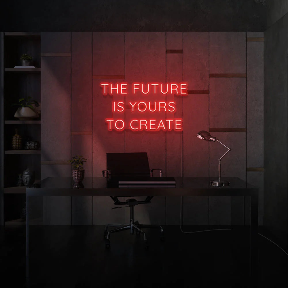 Apportez une touche personnalisée à votre espace avec une enseigne au néon sur mesure "The Future is Yours to Create" par OPLA DESIGN.  idéale pour les commerces, les restaurants, les boutiques et bien plus encore au Maroc. Cette décoration néon LED offre un éclairage architectural, commercial et d'accentuation pour créer une ambiance unique. Illuminez votre jardin, votre vitrine, vos  ou encore votre intérieur avec cet éclairage LED de qualité.