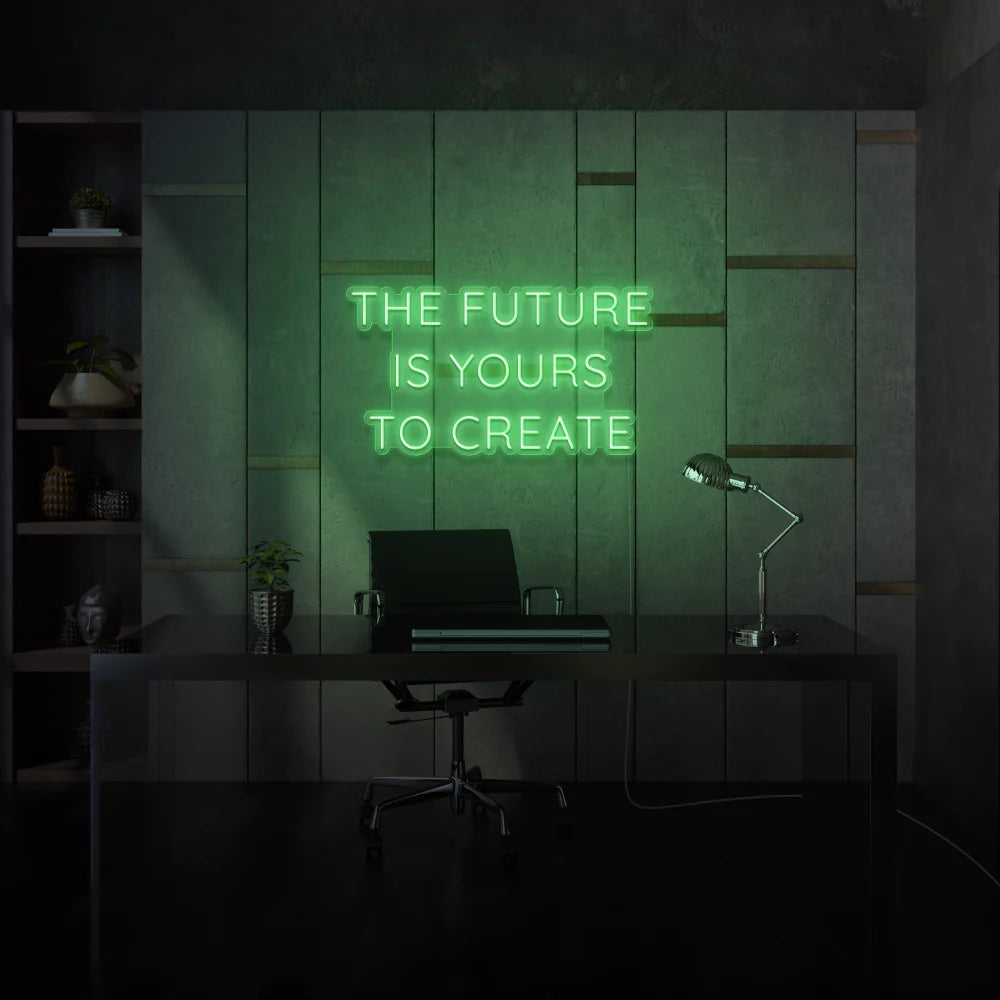 Apportez une touche personnalisée à votre espace avec une enseigne au néon sur mesure "The Future is Yours to Create" par OPLA DESIGN.  idéale pour les commerces, les restaurants, les boutiques et bien plus encore au Maroc. Cette décoration néon LED offre un éclairage architectural, commercial et d'accentuation pour créer une ambiance unique. Illuminez votre jardin, votre vitrine, vos  ou encore votre intérieur avec cet éclairage LED de qualité.